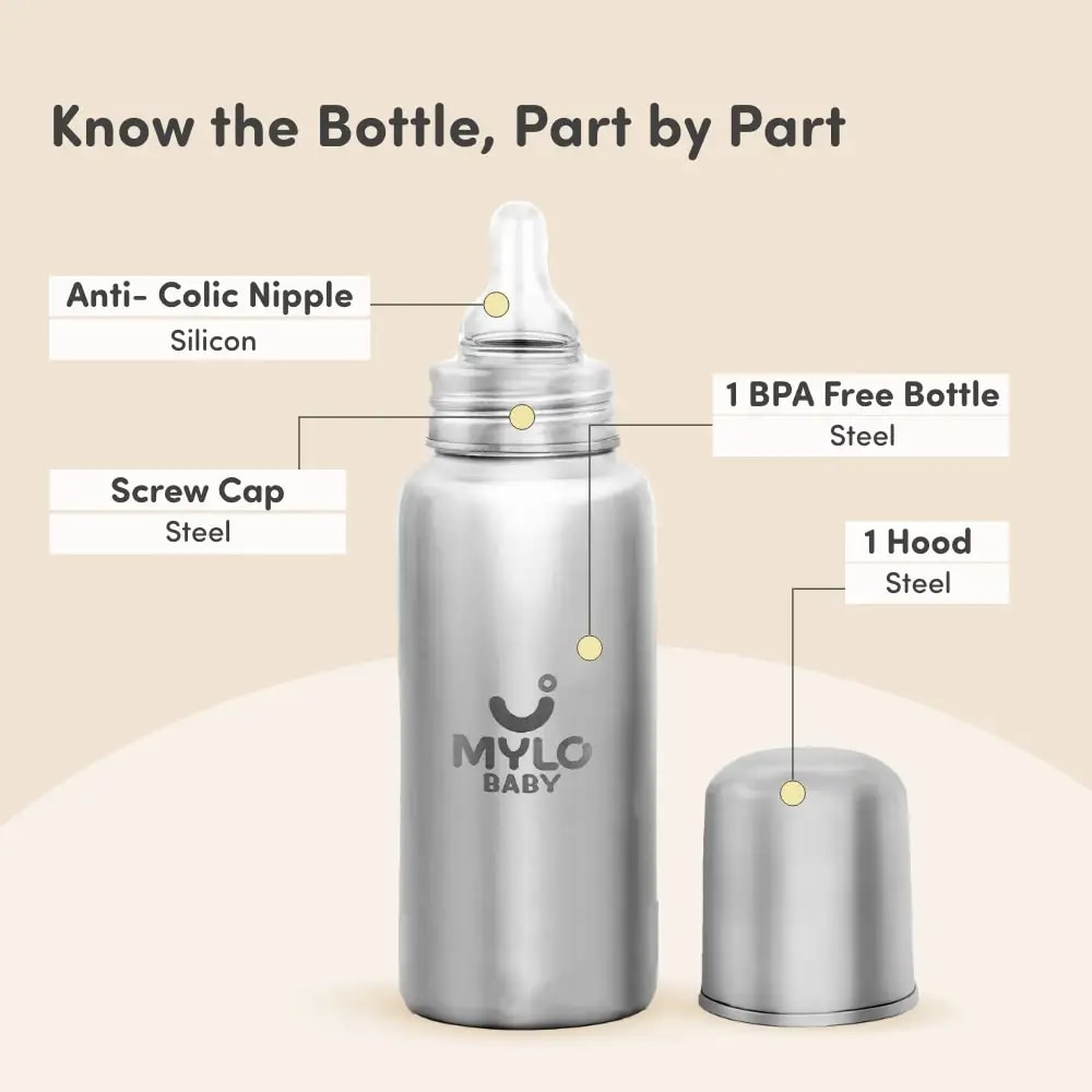 Stainless Steel Feeding Sipper Bottle | BPA Free | Anti-Colic | 100% Food Grade | Feels Natural Baby Bottle | Non-toxic Rust Free - 140 ml + 250 ml