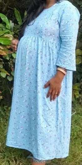 Maternity Dresses For Women with Both Side Zipper For Easy Feeding | Adjustable Belt for Growing Belly | Maxi Dress | Little Hearts - Sea Green | L