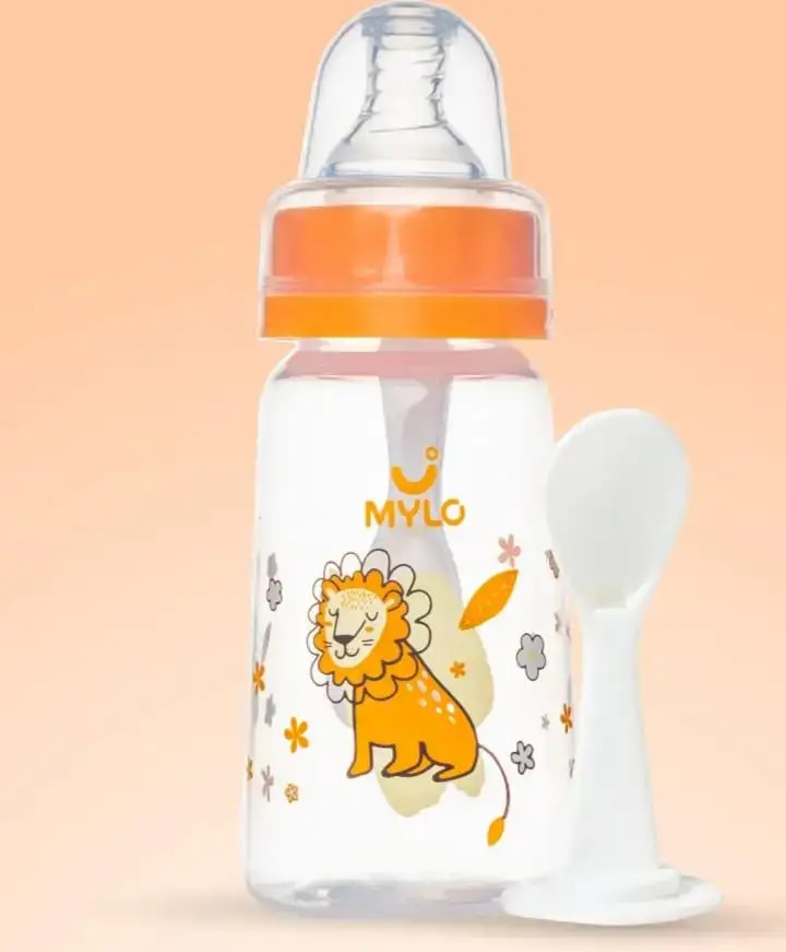 2-in-1 Baby Feeding Bottle | BPA Free with Anti-Colic Nipple & Spoon | Easy Flow Neck Design - Lion & Giraffe 125ml & 250ml