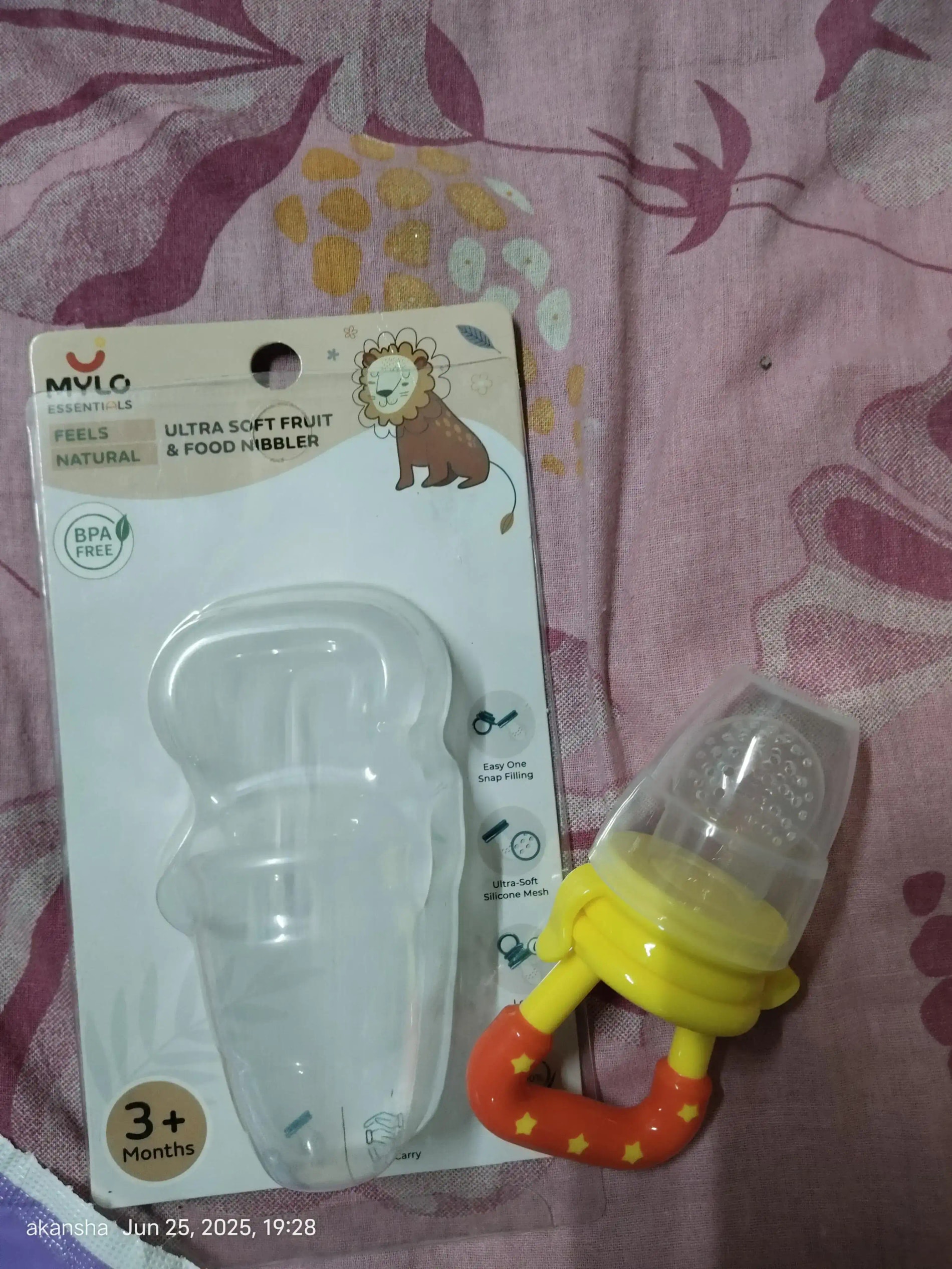 Feels Natural Ultra Soft Fruit & Food Nibbler- Pink | Convenient to Introduce Fruits & Veggies to Baby | Ultra-soft Silicone Mesh for Easy Chewing | Easy One Snap Filling | Helps Relieve Teething Discomfort