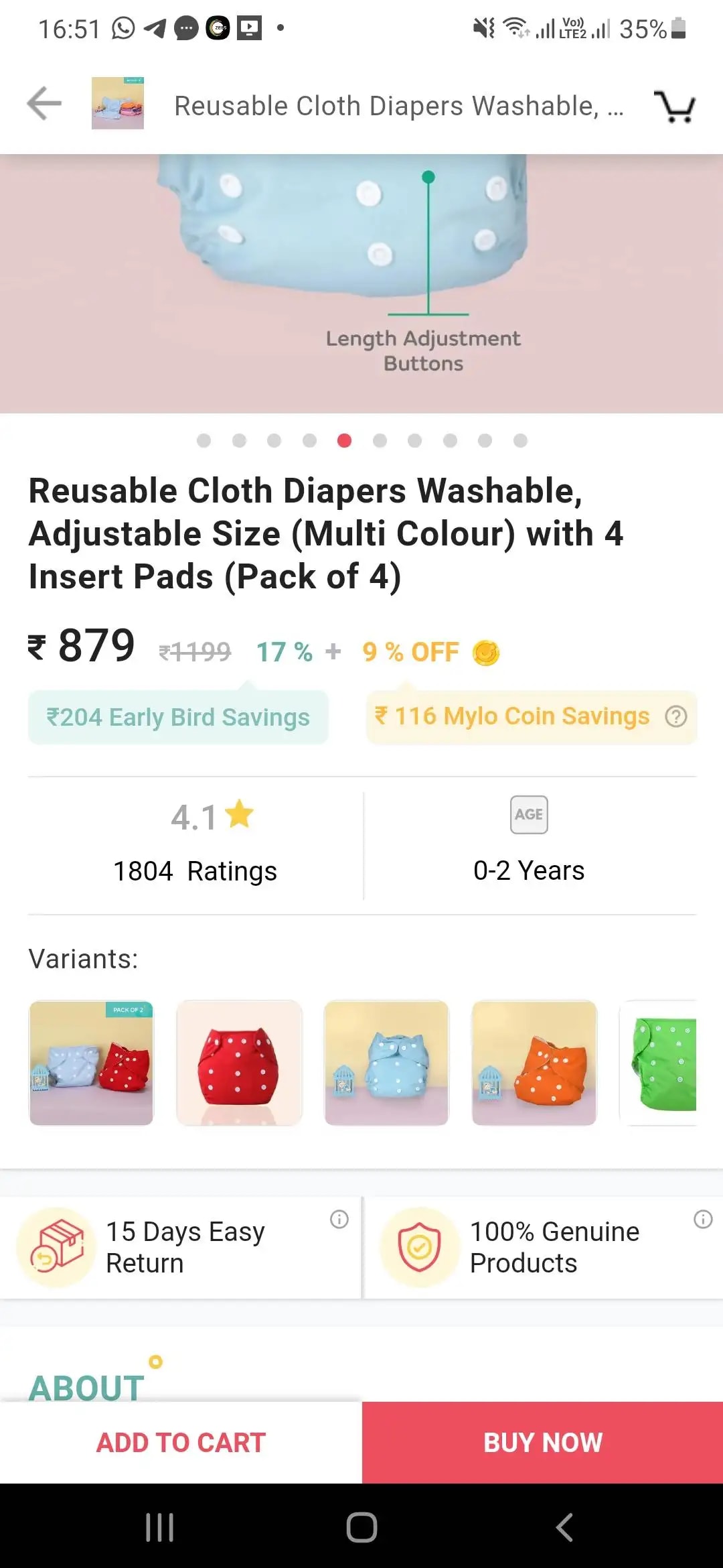 Adjustable Washable & Reusable Cloth Diaper With Dry Feel, Absorbent Insert Pad (3M-3Y) | Oeko-Tex Certified | Prevents Rashes - Assorted Colors - Pack of 4