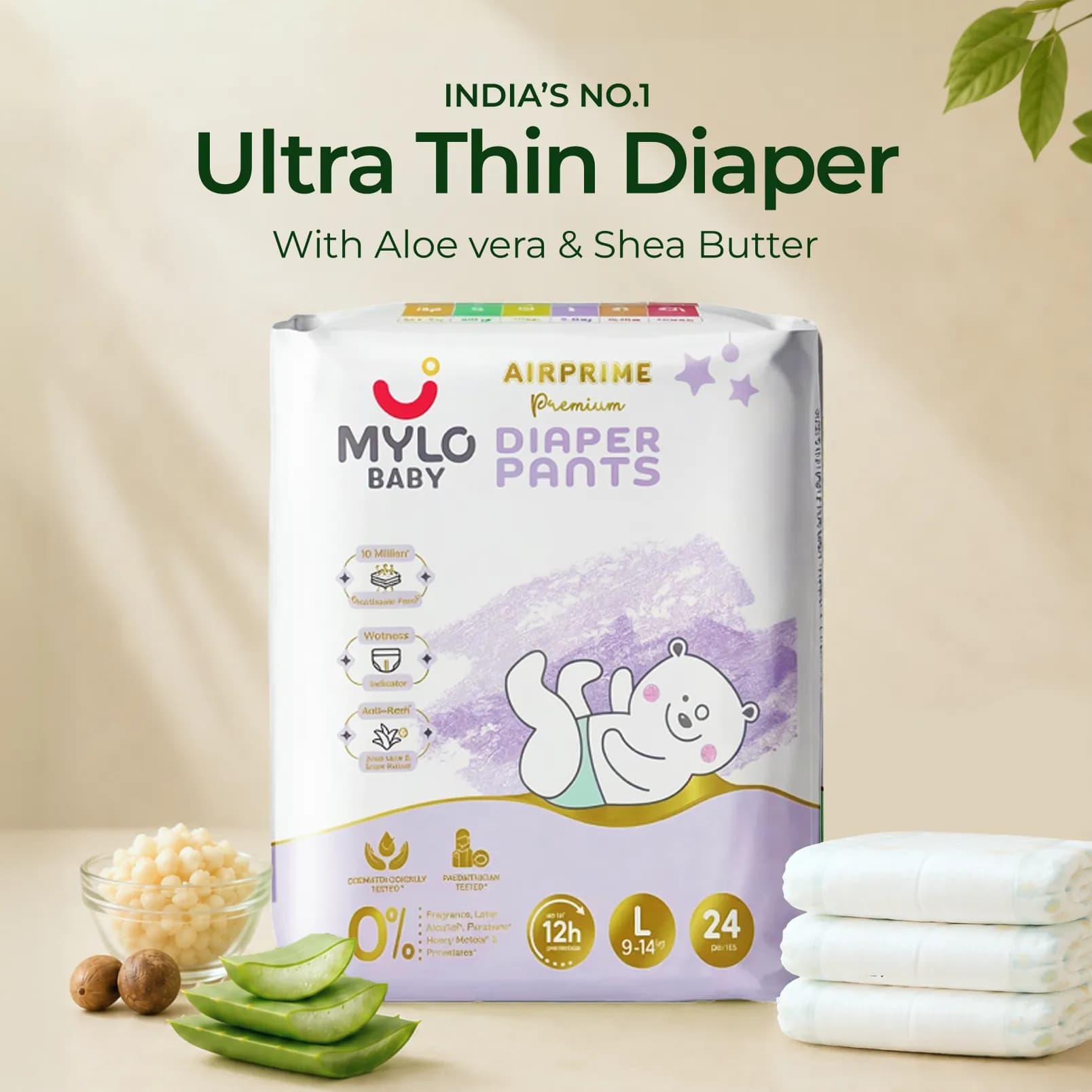 Mylo Airprime™ Premium Diaper Pants with Wetness Indicator - L(10-15 Kgs) - 24 Count