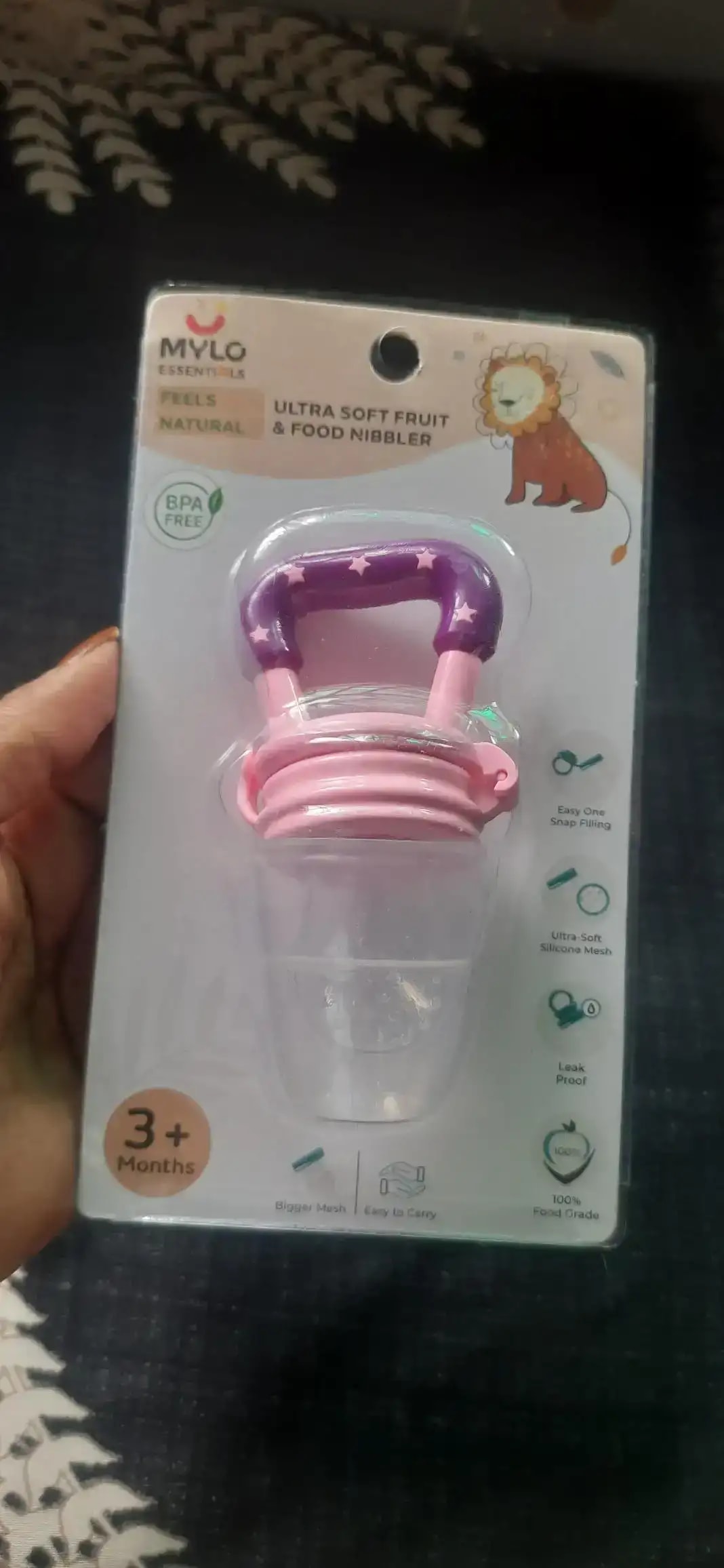 Feels Natural Ultra Soft Fruit & Food Nibbler- Pink | Convenient to Introduce Fruits & Veggies to Baby | Ultra-soft Silicone Mesh for Easy Chewing | Easy One Snap Filling | Helps Relieve Teething Discomfort