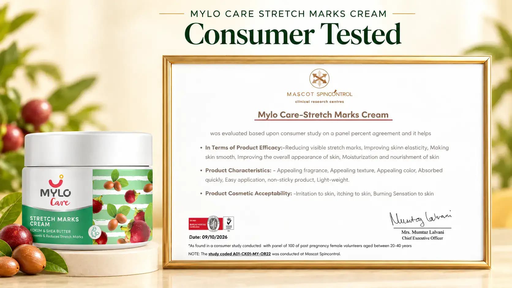 Mylo Care-Stretch Marks Cream Clinical Study Certificate - Dermatologically Safe & Clinically Effective