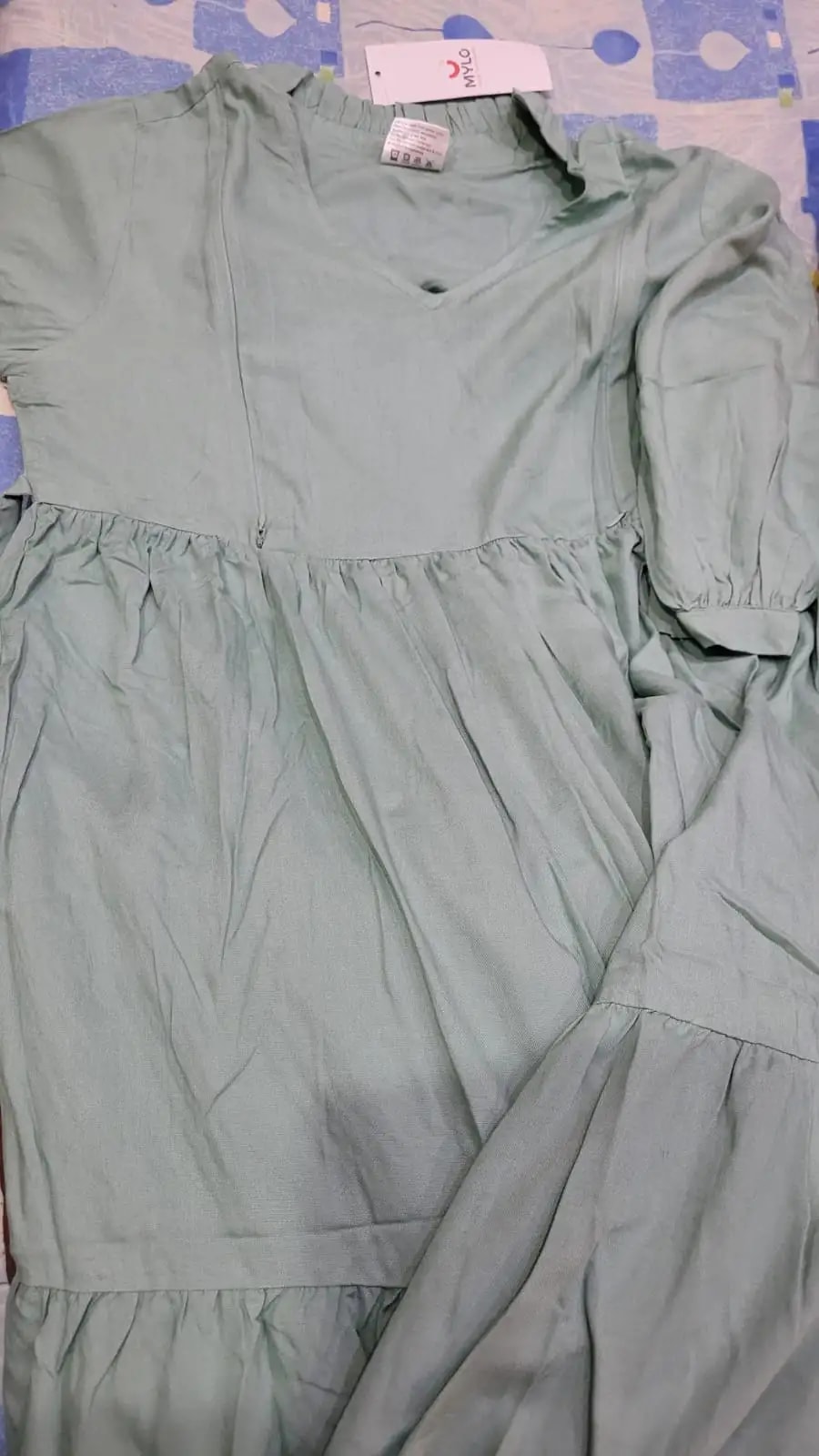 Maternity Dresses For Women with Both Side Zipper For Easy Feeding | Adjustable Belt for Growing Belly | Maxi Dress | Little Hearts - Sea Green | L